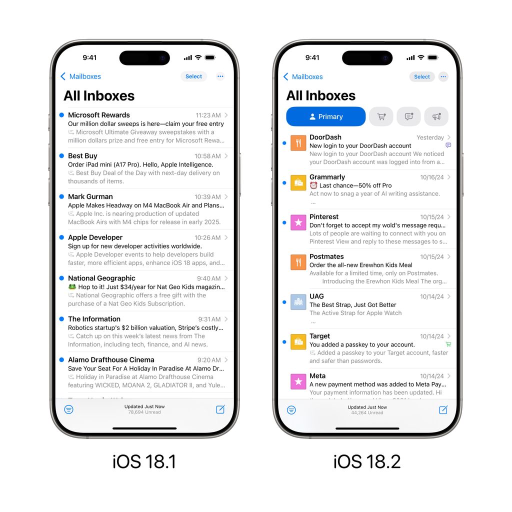 安排得明明白白：苹果 iOS 18.2 邮件应用引入 AI 智能分类功能